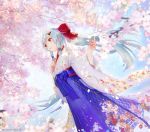  1girl artist_name blue_hair blue_hakama blue_sky bow cherry_blossoms dappled_sunlight day dutch_angle fate/grand_order fate_(series) feet_out_of_frame flat_chest floral_print from_below hair_bow hair_ornament hairclip hakama hand_on_own_chest japanese_clothes kimono long_hair long_sleeves outdoors parted_lips ponytail red_bow red_eyes shiny shiny_hair shutsuri sidelocks sky solo spring_(season) standing sunlight tomoe_gozen_(fate/grand_order) very_long_hair white_kimono wide_sleeves 