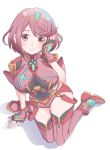  1girl ayaran bangs covered_navel earrings fingerless_gloves gloves highres pyra_(xenoblade) jewelry looking_at_viewer red_shorts redhead short_hair shorts shoulder_armor sidelocks smile solo swept_bangs tiara xenoblade_(series) xenoblade_2 