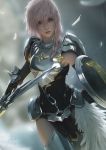  1girl armor armpits artist_name bangs black_gloves breastplate breasts cowboy_shot elbow_gloves feathers final_fantasy final_fantasy_xiii gloves holding holding_sword holding_weapon leather_suit lightning_farron long_hair looking_away parted_bangs pelvic_curtain pink_hair raikoart realistic shield shoulder_armor solo standing sword thigh-highs vambraces weapon white_legwear 