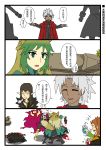  2girls 3boys absurdres achilles_(fate) achilles_(tank_destroyer) amakusa_shirou_(fate) anger_vein animal_ears atalanta_(fate) beard blood bloody_hands breath brown_eyes cat_ears cat_tail comic cross cross_necklace cup drinking_straw facial_hair fate/apocrypha fate_(series) food green_eyes green_hair highres holding holding_cup jewelry karna_(fate) long_hair long_sleeves looking_at_another multicolored_hair multiple_boys multiple_girls mustache namesake necklace open_mouth pointy_ears popcorn punching semiramis_(fate) short_hair smile tail tan tank_destroyer trembling turret war_thunder white_background white_hair william_shakespeare_(fate) yellow_eyes yuberril 