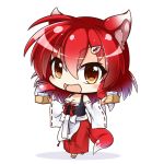  1girl :d animal_ears apron bangs bare_shoulders blush bow breasts brown_eyes brown_footwear chibi cleavage commentary_request eyebrows_visible_through_hair fox_ears fox_girl fox_tail hair_between_eyes hair_ornament hairclip hakama holding japanese_clothes long_hair long_sleeves looking_at_viewer medium_breasts open_mouth original red_hakama redhead ribbon-trimmed_sleeves ribbon_trim shachoo. smile solo standing tail white_apron white_background white_bow wide_sleeves 