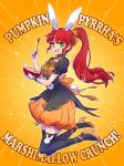  1girl animal_ears bunny_tail cereal cereal_box commentary_request english fake_animal_ears fake_tail food green_eyes halloween halloween_costume happy high_heels highres iesupa marshmallow ponytail pumpkin_pants pyrrha_nikos rabbit_ears redhead rwby solo sparkle spoon tail thigh-highs 