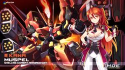  1girl breasts character_name cleavage cleavage_cutout clenched_hand company_name copyright_name eyebrows_visible_through_hair fire flame gloves glowing gluteal_fold gradient_hair hand_on_hip highres kana_(master_of_eternity) large_breasts master_of_eternity mecha missile_pod multicolored_hair muspel_(master_of_eternity) necktie nexon official_art orange_eyes orange_hair wallpaper wrist_cuffs 