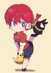  1girl bangs blue_eyes chibi chinese_clothes gradient gradient_background holding holding_teapot looking_to_the_side miyata_(lhr) one_leg_raised p-chan ranma-chan ranma_1/2 saotome_ranma simple_background teapot 