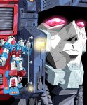  2boys 80s autobot blue_eyes closed_mouth commentary_request glowing glowing_eyes highres metroplex multiple_boys no_humans oldschool qhon red_eyes standing transformers ultra_magnus 