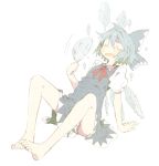  1girl abara_heiki arm_support barefoot blue_bow blue_dress blue_hair blush bow cirno closed_eyes collared_shirt crack dress fan flat_chest full_body hair_between_eyes hair_bow hair_ornament hand_up ice ice_wings melting motion_lines neck_ribbon open_mouth paper_fan puffy_short_sleeves puffy_sleeves red_ribbon ribbon shirt short_hair short_sleeves simple_background sitting solo sweat touhou uchiwa wavy_mouth white_background white_shirt wings 