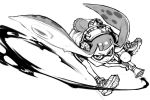  1girl closed_mouth commentary_request full_body greyscale hankuri headphones holding inkling jumping long_hair looking_at_viewer monochrome paint shoes simple_background sneakers solo splatoon splatoon_1 tentacle_hair water_gun white_background 