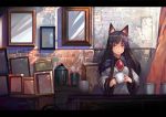  1girl animal_ears bangs brick_wall brooch brown_hair commentary_request crack cup curtains dress expressionless frame holding holding_cup imaizumi_kagerou indoors jewelry long_hair long_sleeves looking_at_viewer onion_(onion_and_pi-natto) red_eyes shiny shiny_hair sidelocks solo touhou upper_body white_dress wide_sleeves wolf_ears 