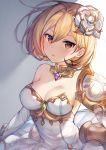  1girl blonde_hair breasts brown_eyes cleavage collarbone detached_collar djeeta_(granblue_fantasy) dress flower granblue_fantasy hair_between_eyes hair_flower hair_ornament large_breasts long_sleeves looking_at_viewer narusegawa_riko short_hair solo strapless strapless_dress the_glory upper_body white_dress white_flower 