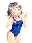  1girl ayaki_ichigo blue_eyes blue_swimsuit closed_eyes competition_swimsuit covered_navel cowboy_shot double_v grey_hair logo love_live! love_live!_sunshine!! one-piece_swimsuit open_mouth short_hair simple_background smile solo swimsuit v watanabe_you white_background 