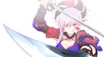  1girl blue_eyes breasts cleavage fate/grand_order fate_(series) hair_between_eyes highres holding holding_sword holding_weapon kurogiri miyamoto_musashi_(fate/grand_order) ponytail sword tongue tongue_out weapon white_background 