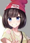  1girl bangs blue_eyes brown_hair collarbone eyebrows_visible_through_hair eyelashes fingernails hat hesumi highres image_sample mizuki_(pokemon_sm) nose pokemon pokemon_(game) pokemon_sm red_hat shirt short_hair smile teeth twitter_sample v yellow_shirt 