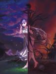  1girl barefoot breasts cherry_blossoms collarbone dark_persona dress dual_persona eyebrows_visible_through_hair fate/stay_night fate_(series) floating_hair full_body hair_between_eyes hair_ribbon hand_in_hair highres large_breasts long_hair looking_at_viewer matou_sakura night outdoors purple_hair ribbon ruins short_sleeves silver_hair skull solo standing ushas very_long_hair violet_eyes white_dress 
