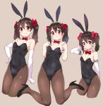  1girl animal_ears armband black_footwear black_hair black_leotard bow bowtie brown_background brown_legwear bunny_tail bunnysuit cowboy_shot detached_collar elbow_gloves expressions full_body gloves high_heels highres kurokawa_makoto leotard looking_at_viewer love_live! love_live!_school_idol_project multiple_views pantyhose rabbit_ears red_eyes red_neckwear simple_background sitting solo strapless strapless_leotard tail twintails wariza white_gloves yazawa_nico 