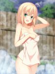  1girl :d ahoge aqua_eyes arm_behind_head arm_up armpits artoria_pendragon_(all) blonde_hair blush breasts cleavage collarbone cowboy_shot eyebrows_visible_through_hair fate/stay_night fate_(series) fence looking_at_viewer naked_towel onsen open_mouth outdoors rock saber shiny shiny_hair short_hair skylader small_breasts smile solo standing steam tareme thighs towel water water_drop wet wooden_fence 