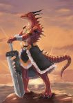  claws horns lizardman no_humans original solo sunset sword tail tesshii_(riza4828) weapon 