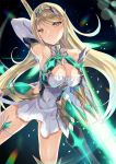 1girl armor blonde_hair blush breasts cleavage dress gloves gluteal_fold highres mythra_(xenoblade) jewelry large_breasts long_hair looking_at_viewer simple_background smile solo white_background xenoblade xenoblade_(series) xenoblade_2 yellow_eyes 
