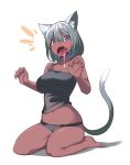  /\/\/\ 1girl :o animal_ears barefoot black_panties breasts bright_pupils cat_ears cat_tail dark_skin drooling eyebrows_visible_through_hair fang grey_eyes grey_hair hair_between_eyes highres large_breasts looking_at_viewer midriff navel original panties saiste short_hair sitting solo tail tank_top underwear underwear_only 