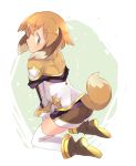  1boy animal_ears blush boots brown_eyes brown_hair dog_ears dog_tail dogboy from_behind full_body kyuuri_(miyako) male_focus pop-up_story shorts solo st._feles_gakuen_uniform tail thigh-highs white_legwear yuuri_lessen 