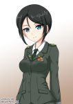  1girl bangs black_eyes black_hair black_neckwear brown_background chouno_ami closed_mouth commentary dated dress_shirt eyebrows_visible_through_hair flipper girls_und_panzer gradient gradient_background green_jacket green_shirt jacket japan_ground_self-defense_force long_sleeves looking_at_viewer military military_uniform necktie shirt short_hair smile solo standing swept_bangs twitter_username uniform upper_body wing_collar 