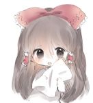  1girl :o bangs blush bow brown_eyes brown_hair cottontailtokki eyebrows_visible_through_hair hair_between_eyes hair_bow hair_tubes hakurei_reimu holding holding_pillow long_hair long_sleeves looking_at_viewer open_mouth pillow red_bow shirt simple_background sleeves_past_wrists solo touhou upper_body very_long_hair white_background white_shirt 