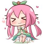  &gt;_&lt; 1girl bangs bare_arms bare_shoulders barefoot blush breasts closed_eyes closed_mouth collarbone commentary_request dress eyebrows_visible_through_hair facing_viewer full_body granblue_fantasy green_dress hair_between_eyes hair_ornament hana_kazari heart leaf long_hair low_twintails navel pink_hair plant_girl small_breasts smile solo standing strapless strapless_dress twintails very_long_hair wavy_mouth yggdrasil_(granblue_fantasy) 