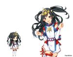  1girl :d aki_no_jikan arms_at_sides bangs black_eyes hair_ornament headpiece jewelry long_hair looking_at_viewer magatama maru-kichi medallion multiple_views necklace official_art open_mouth smile standing swept_bangs thigh-highs two_side_up v_arms watermark whisker_markings white_legwear 