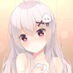  1girl absurdres ahoge bangs blush closed_mouth collarbone commentary_request eyebrows_visible_through_hair hair_between_eyes hair_ornament head_tilt heart highres holding jyt long_hair looking_at_viewer nude original red_eyes silver_hair solo tile_wall tiles tokisaki_mio x_hair_ornament 