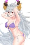  1girl ahoge armpits arms_up ass bangs bare_shoulders bikini blush breasts cleavage collarbone cosplay draph eyebrows_visible_through_hair flower front-tie_bikini front-tie_top granblue_fantasy grey_hair hair_between_eyes hair_flower hair_ornament hand_gesture highres hips horns jeanne_d&#039;arc_(granblue_fantasy) jeanne_d&#039;arc_(granblue_fantasy)_(cosplay) large_breasts lily_(flower) long_hair looking_at_viewer open_mouth purple_bikini red_eyes side-tie_bikini simple_background smile solo springveiv swimsuit thalatha_(granblue_fantasy) v very_long_hair waist white_background 