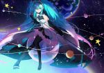  1girl absurdly_long_hair black_footwear black_gloves black_hairband black_skirt blue_hair boots breasts byuey earth elbow_gloves forever_7th_capital full_body gloves green_eyes hair_between_eyes hairband hatsune_miku headphones highres holding holding_microphone long_hair looking_at_viewer medium_breasts microphone microphone_stand miniskirt multicolored_hair pink_hair pleated_skirt skirt solo star tattoo thigh-highs thigh_boots twintails two-tone_hair very_long_hair vocaloid zettai_ryouiki 