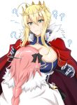 1boy 1girl ? ahoge armor artoria_pendragon_(all) artoria_pendragon_(lancer) astolfo_(fate) black_bow black_gloves blonde_hair blush bow braid breasts cape cleavage commentary_request cross crown eyebrows_visible_through_hair face_to_breasts fate/grand_order fate_(series) flying_sweatdrops from_behind fur_trim gloves grabbing green_eyes hair_between_eyes hair_bow head_tilt highres large_breasts long_hair looking_at_another pink_hair piro_(iiiiiiiiii) red_cape sidelocks simple_background trap venus_symbol white_background white_cape 