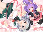  2girls animal_ears bent_knees black_blazer black_bow black_hairband black_legwear blue_eyes bow bowtie carrot collared_shirt crescent green_skirt green_vest grey_hair hairband heart heart_of_string highres karasusou_nano konpaku_youmu long_hair long_sleeves looking_at_viewer midair multiple_girls necktie open_mouth pin pink_skirt pleated_skirt purple_hair rabbit_ears reaching red_eyes red_neckwear reisen_udongein_inaba shirt short_hair skirt thigh-highs touhou valentine vest white_shirt zettai_ryouiki 