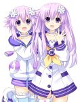  2girls d-pad d-pad_hair_ornament dress hair_ornament highres jacket long_hair looking_at_viewer multiple_girls nepgear neptune_(choujigen_game_neptune) neptune_(series) open_mouth purple_hair sailor_dress short_hair siblings simple_background sisters smile violet_eyes white_background zero_(ray_0805) 