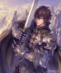  1boy brown_hair clouds cloudy_sky day gauntlets hair_between_eyes highres hisakata_souji holding holding_sword holding_weapon mountain orange_eyes outdoors shadowverse sky solo spaulders standing sword weapon 