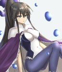  1girl bangs bare_arms black_hair blue_legwear breasts bubble cape covered_navel elfenlied22 eyebrows_visible_through_hair green_eyes hair_between_eyes high_ponytail highres houshin_engi knees_together_feet_apart large_breasts leaning_back leotard long_hair pantyhose ponytail purple_cape ryuukitsu_koushu sidelocks simple_background solo tight very_long_hair 