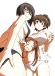  3girls :d arm_around_waist artist_name bangs bikini black-framed_eyewear black_bikini black_eyes black_hair black_ribbon breasts brown_eyes brown_hair cleavage closed_eyes commentary from_behind frown girls_und_panzer grey-framed_eyewear hair_ribbon hand_on_own_ass kadotani_anzu kawashima_momo koyama_yuzu leaning_forward long_hair looking_at_viewer looking_back medium_breasts monocle multiple_girls navel oono_tsutomu open_mouth parted_bangs red_bikini ribbon semi-rimless_eyewear short_hair short_ponytail side-tie_bikini signature simple_background smile standing sweatdrop swimsuit twintails under-rim_eyewear v white_background white_bikini 