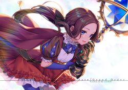  1girl blue_eyes blue_gloves brown_hair cape fate/grand_order fate_(series) gauntlets gloves leaning_forward leonardo_da_vinci_(fate/grand_order) long_hair ne-on ponytail red_cape red_skirt ribbon shirt single_gauntlet single_glove skirt smile solo staff upper_body white_shirt 