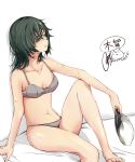  1girl barefoot bra breasts character_name commentary_request eyepatch green_eyes green_hair grey_bra grey_panties hat hat_removed headwear_removed holding holding_hat kantai_collection kiso_(kantai_collection) panties rizzl short_hair simple_background small_breasts solo twitter_username underwear white_background white_hat 