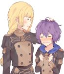  2girls bernadetta_von_varley blonde_hair blush closed_eyes fire_emblem fire_emblem:_three_houses garreg_mach_monastery_uniform hand_on_another&#039;s_head hood hood_down ingrid_brandl_galatea kvlen long_hair long_sleeves multiple_girls open_mouth purple_hair short_hair simple_background uniform upper_body white_background 