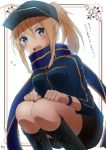  1girl artoria_pendragon_(all) black_footwear black_hat black_shorts blonde_hair blue_eyes blue_jacket blue_scarf blush boots enokimo_me fate/grand_order fate_(series) hair_between_eyes hat high_ponytail highres jacket knee_boots long_hair looking_at_viewer mysterious_heroine_x open_mouth scarf short_shorts shorts sidelocks solo squatting white_background wristband 