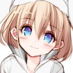  1girl bangs blonde_hair blush blush_stickers closed_mouth commentary ears_visible_through_hair eyebrows_visible_through_hair hair_between_eyes highres looking_at_viewer misteor multicolored multicolored_eyes original shirt short_hair smile solo white_background white_shirt 