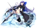  1girl ass bangs black_coat blue_bow blue_eyes blush bow commentary_request eyebrows_visible_through_hair fate/extra fate/extra_ccc fate_(series) full_body hair_between_eyes hair_bow i.f.s.f long_sleeves looking_at_viewer meltlilith navel parted_lips purple_hair sleeves_past_fingers sleeves_past_wrists solo spikes water white_background wide_sleeves 