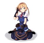  1girl adjusting_hair belt blonde_hair blue_eyes fingerless_gloves frederica_irving gloves highres looking_at_viewer nekomiyanono pouch seiza sekaiju_no_meikyuu simple_background sitting solo twintails white_background 