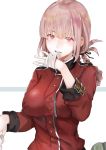  bangs biting braid breasts fate/grand_order fate_(series) florence_nightingale_(fate/grand_order) glove_biting gloves hair_tie harutask highres large_breasts military military_uniform pink_hair ponytail red_eyes sleeves_rolled_up uniform white_gloves 