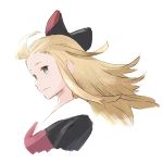  1girl ahoge black_bow blonde_hair blue_eyes bow bravely_default:_flying_fairy bravely_default_(series) closed_mouth edea_lee eyebrows eyelashes floating_hair forehead hair_bow highres long_hair no_pupils portrait reiesu_(reis) simple_background smile solo straight_hair upper_body white_background 