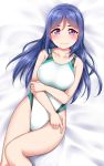  1girl bed_sheet blue_hair blush collarbone commentary_request hair_down hand_on_own_arm highres long_hair looking_at_viewer love_live! love_live!_sunshine!! lying matsuura_kanan nail_polish on_back one-piece_swimsuit pink_nails solo swimsuit thigh_gap violet_eyes yopparai_oni 