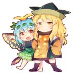  2girls :d antennae arm_up barefoot blonde_hair blue_hair boots butterfly_wings caramell0501 chibi detached_sleeves eternity_larva eyebrows_visible_through_hair full_body green_skirt hair_between_eyes hands_on_hips hat knee_boots long_hair looking_at_viewer matara_okina multiple_girls open_hand open_mouth red_eyes short_hair simple_background skirt smile standing tabard touhou white_background wings yellow_eyes 