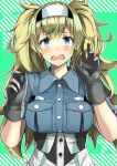  1girl black_gloves blonde_hair blue_eyes blue_shirt blush breast_pocket breasts collared_shirt crying crying_with_eyes_open gambier_bay_(kantai_collection) gloves green_background hair_between_eyes hairband highres kantai_collection large_breasts long_hair open_mouth pocket shirt short_sleeves solo tears tsurukawasha twintails upper_body 