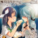  2girls ^_^ alternate_costume black_sailor_collar blush closed_eyes colored_pencil_(medium) commentary_request dated food fujinami_(kantai_collection) green_neckwear grey_hair grin hamanami_(kantai_collection) holding holding_food kantai_collection kirisawa_juuzou long_hair multiple_girls neckerchief numbered open_mouth purple_hair sailor_collar sandwich school_uniform serafuku short_sleeves side_ponytail smile traditional_media translation_request twitter_username 