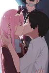 1boy 2girls closed_eyes darling_in_the_franxx hairband hand_on_another&#039;s_head haolihai highres hiro_(darling_in_the_franxx) horns ichigo_(darling_in_the_franxx) kiss long_hair multiple_girls open_mouth orange_neckwear pilot_suit pink_hair shirt uniform white_hairband white_shirt zero_two_(darling_in_the_franxx) 